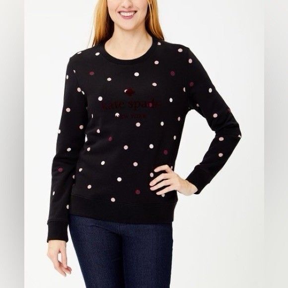 Kate Spade Bakery Cotton Sweatshirt Sz S Black Pink Polka Dot Crew Neck Pullover - Picture 1 of 11